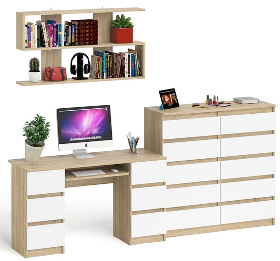 Мори компьютерный стол МС-2 + Комод МК1200.10 + Полка 1200, дуб сонома/белый
