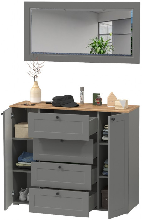 Остин 16.221 Комод + 17.03 Зеркало, серый графит/дуб крафт золотой