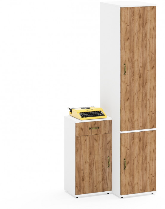 Лидер-8 Пенал МД 23Б + Тумба МД 3.15, цвет белый шагрень/крафт золото, ШхГхВ 80х50х190 см., универсальная сборка