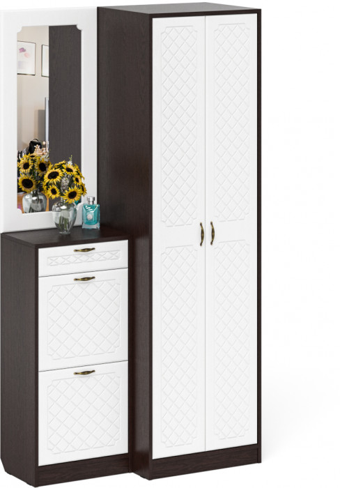 Прихожая П-6 Компоновка № 17, венге/фасады МДФ белое дерево фрезеровка ромб