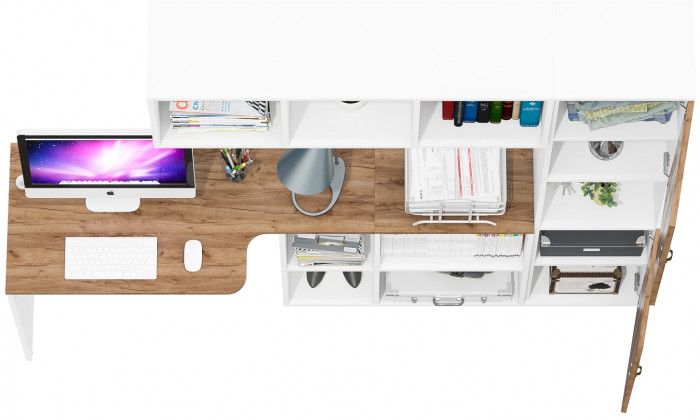 Лидер-8 Стол + Полка + Пенал, белый шагрень/крафт золото