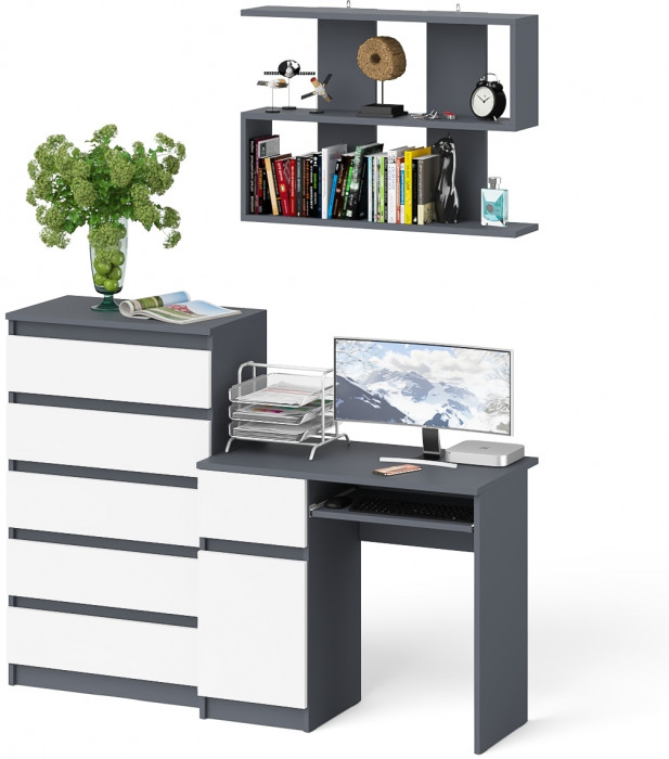 Мори компьютерный стол МС-1 левый + Комод МК700.5 + Полка 900, графит/белый