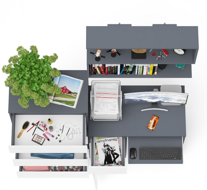 Мори компьютерный стол МС-1 левый + Комод МК700.5 + Полка 900, графит/белый