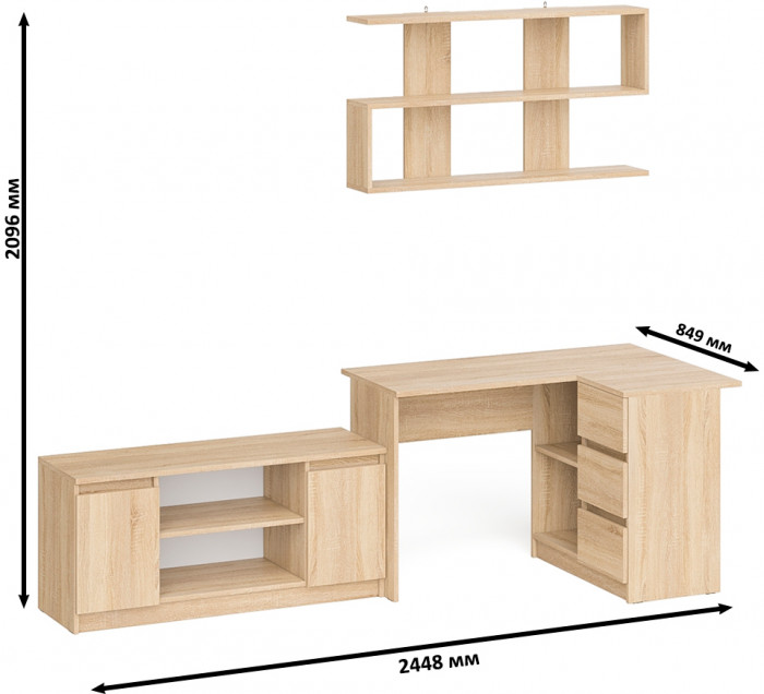 Мори компьютерный стол МС-16 правый + Тумба МТВ1200.1 + Полка 1200, дуб сонома