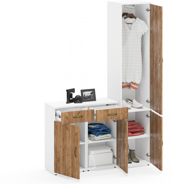 Лидер-8 Пенал МД 21Б + Тумба МД 3.15 + Тумба МД 3.15, цвет белый шагрень/крафт золото, ШхГхВ 120х37,5х190 см., универсальная сборка