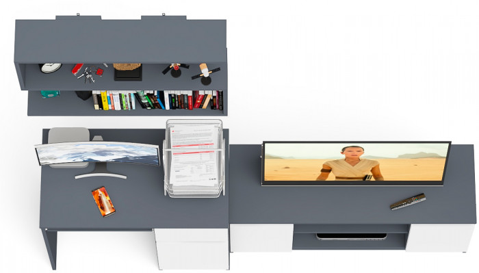 Мори Стол компьютерный МС-1 правый + Тумба МТВ1200.1 + Полка 900, цвет графит/белый, ШхГхВ 210,4х50х209,6 см., НЕ универсальная сборка