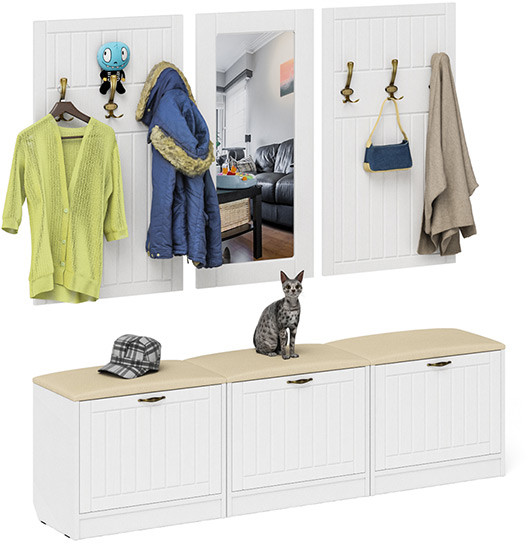 Прихожая П-6 Компоновка № 03, цвет белая шагрень/фасады МДФ белое дерево фрезеровка прованс, ШхГхВ 180х35х200 см., универсальная сборка