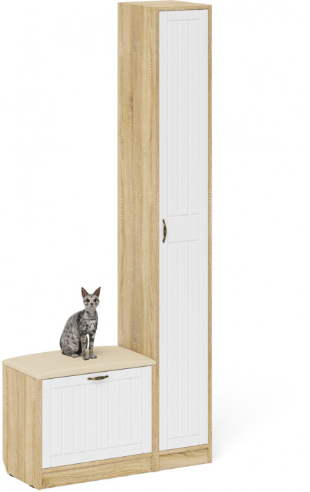 Прихожая П-6 Компоновка № 19, цвет дуб сонома/фасады МДФ белое дерево фрезеровка прованс, ШхГхВ 90х35х210 см., универсальная сборка