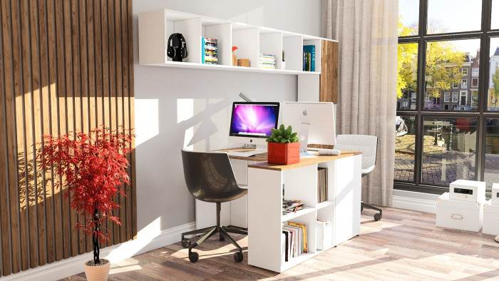 Лидер-8 Стол + Полка + Стол + Полка + Пенал + Тумба МД 3.15, белый шагрень/крафт золото