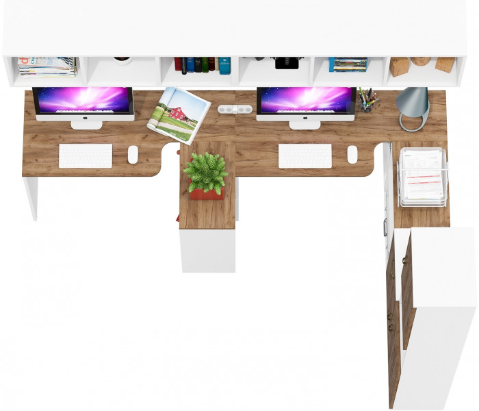 Лидер-8 Стол + Полка + Стол + Полка + Пенал + Тумба МД 3.15, белый шагрень/крафт золото