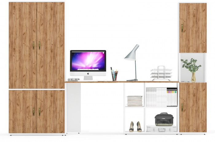 Лидер-8 Шкаф МД 19Б + Стол + Пенал, цвет белый шагрень/крафт золото, ШхГхВ 285х50/37,5х75/190 или 195х120х75/190 см., НЕ универсальная сборка