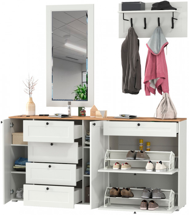 Остин Прихожая 56, цвет белый шагрень/дуб крафт золотой, ШхГхВ 200х54,3х210 см., универсальная сборка