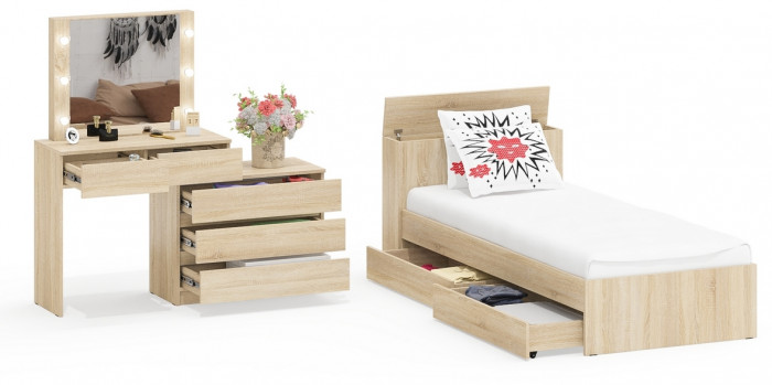 Ксения Кровать с ящиками 0900 + Стол косметический с подсветкой 110, дуб сонома