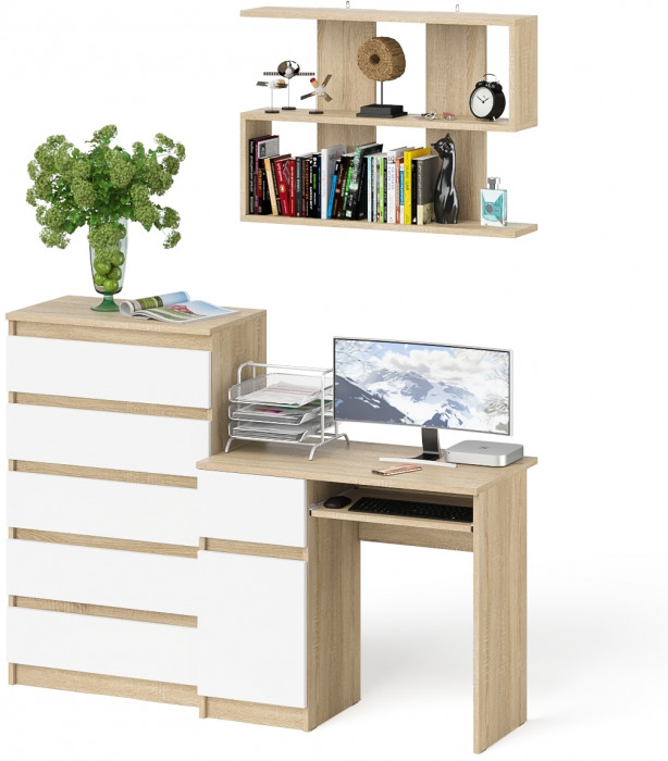 Мори компьютерный стол МС-1 левый + Комод МК700.5 + Полка 900, дуб сонома/белый