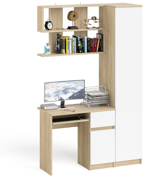 Мори компьютерный стол МС-1 правый + Пенал МШ400.1 + Полка 900, дуб сонома/белый