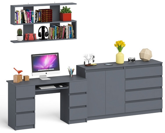 Мори компьютерный стол МС-2 + Комод МК1600.1 + Полка 1200, графит