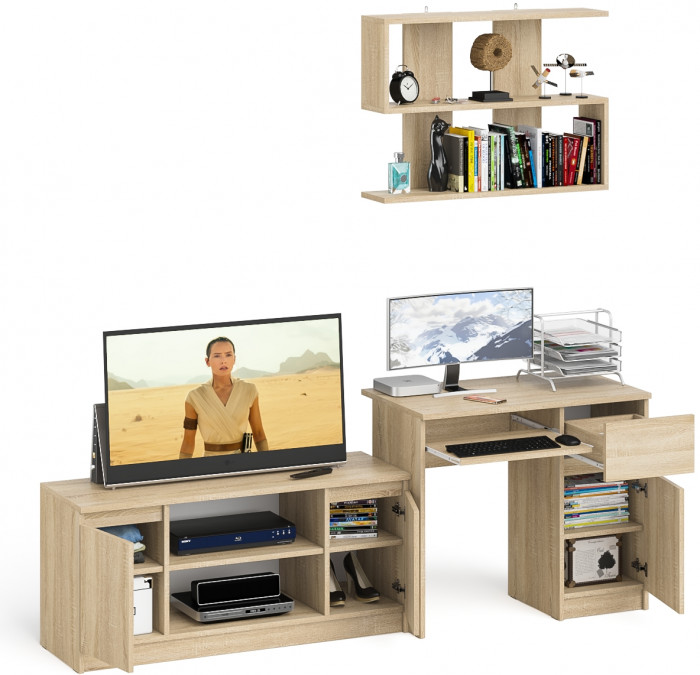 Мори Стол компьютерный МС-1 правый + Тумба МТВ1200.1 + Полка 900, цвет дуб сонома, ШхГхВ 210,4х50х209,6 см., НЕ универсальная сборка
