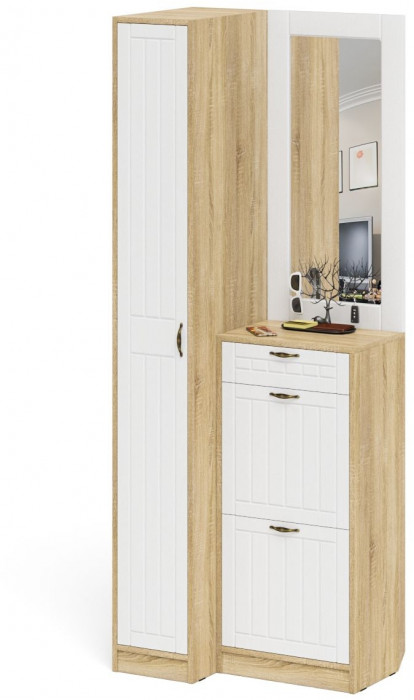 Прихожая П-6 Компоновка № 43, дуб сонома/фасады МДФ белое дерево фрезеровка прованс