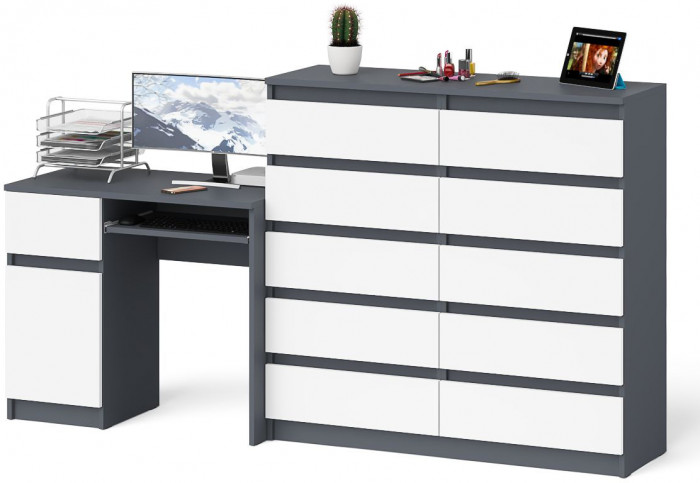 Мори компьютерный стол МС-1 левый + Комод МК1200.10, графит/белый