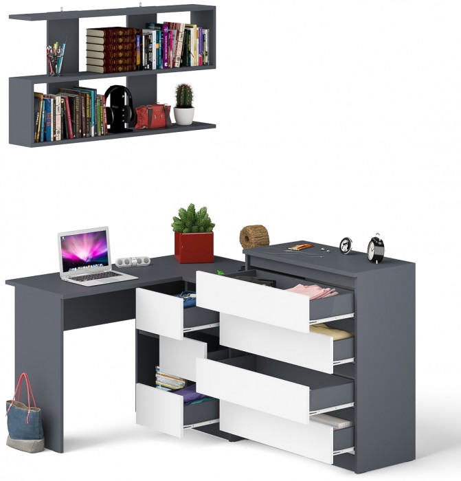 Мори компьютерный стол МС-16 правый + Комод МК800.4 + Полка 1200, графит/белый