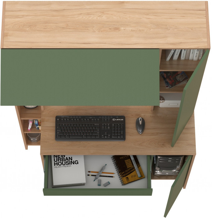 Стол компьютерный Комфорт 12.71, цвет гикори рокфорд натуральный/дымчатый зелёный, ШхГхВ 116,7х60,2х165,4 см., НЕ универсальная сборка