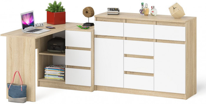 Мори компьютерный стол МС-16 правый + Комод МК1200.4, дуб сонома/белый