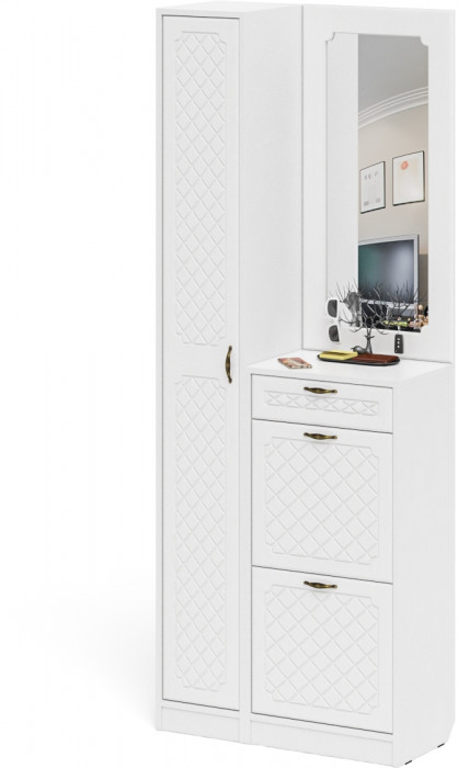 Прихожая П-6 Компоновка № 23, цвет белая шагрень/фасады МДФ белое дерево фрезеровка ромб, ШхГхВ 80х35х210 см., универсальная сборка