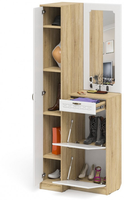 Прихожая П-6 Компоновка № 43, дуб сонома/фасады МДФ белое дерево фрезеровка ромб