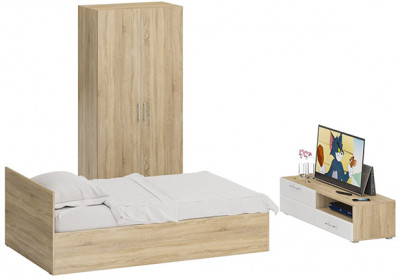 Спальня Стандарт 3-1200, дуб сонома/фасады ТВ тумбы МДФ белый глянец