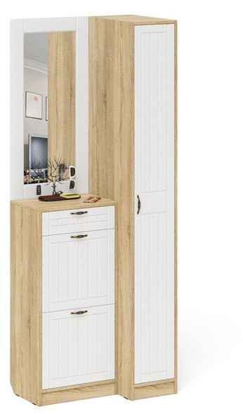 Прихожая П-6 Компоновка № 43, цвет дуб сонома/фасады МДФ белое дерево фрезеровка прованс, ШхГхВ 80х50х210 см., универсальная сборка