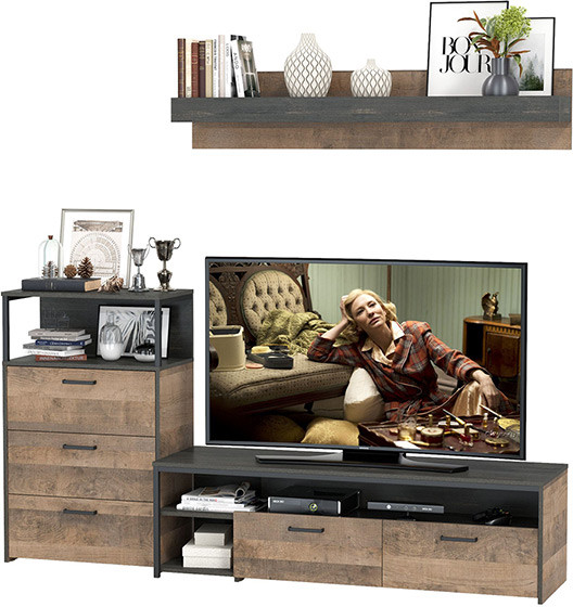 Трувор 13.70 Тумба под ТВ + 13.307.02 Комод с ящиками + 15.60 Полка, дуб гранж песочный/интра