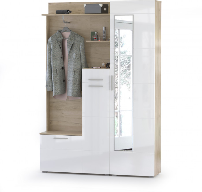 Лайн Прихожая № 01, дуб крафт серый/фасады МДФ белый глянец