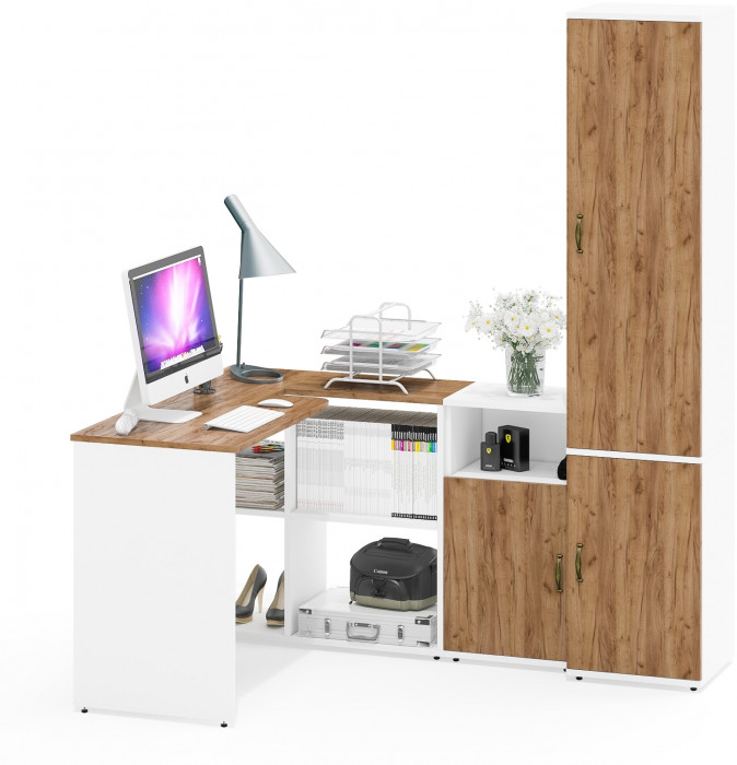 Лидер-8 Стол + Тумба МД 3.19 + Пенал МД 21Б, белый шагрень/крафт золото