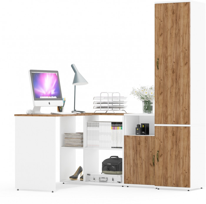 Лидер-8 Стол + Тумба МД 3.19 + Пенал МД 21Б, белый шагрень/крафт золото