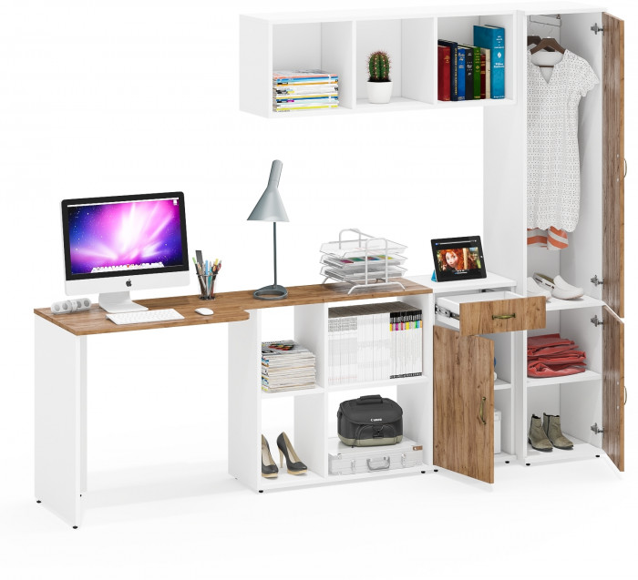 Лидер-8 Стол + Полка + Тумба МД 3.15 + Пенал МД 21Б, цвет белый шагрень/крафт золото, ШхГхВ 245х50/37,5х75/190 или 115х160/50х75/190 см., НЕ ун. сб.