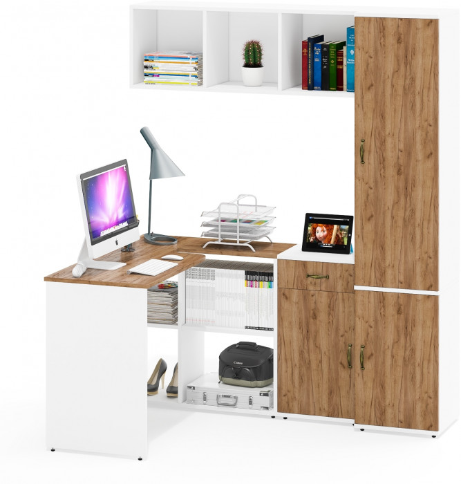 Лидер-8 Стол + Полка + Тумба МД 3.15 + Пенал МД 21Б, цвет белый шагрень/крафт золото, ШхГхВ 245х50/37,5х75/190 или 115х160/50х75/190 см., НЕ ун. сб.