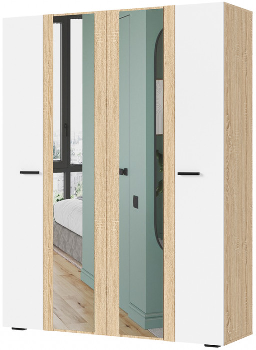 САНСА ШК-04 Шкаф 4-х створчатый Фасад БЕЛЫЙ,ДУБ СОНОМА/Корпус ДУБ СОНОМА