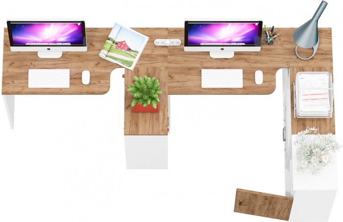 Лидер-8 Стол + Стол + Тумба МД 3.19, цвет белый шагрень/крафт золото, ШхГхВ 370х50/30х75 см. или 230х50/120х75 см., НЕ универсальная сборка