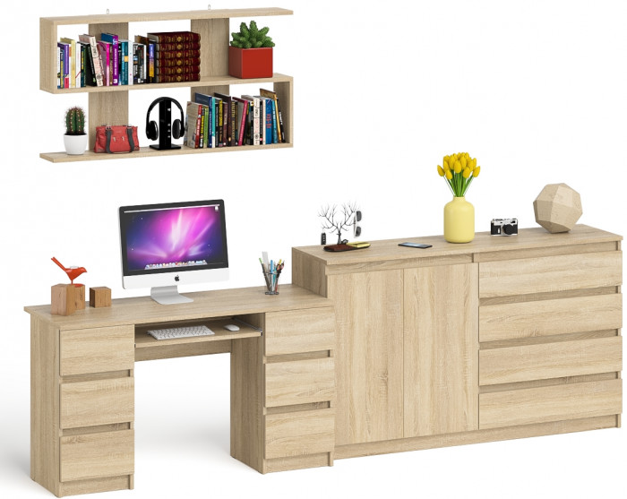 Мори компьютерный стол МС-2 + Комод МК1600.1 + Полка 1200, дуб сонома
