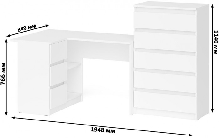Мори Стол компьютерный МС-16 левый + Комод МК700.5, цвет белый, ШхГхВ 194,8х84,9х114 см., выдвижные ящики слева, НЕ универсальная сборка