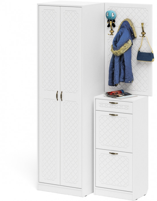 Прихожая П-6 Компоновка № 18, белая шагрень/фасады МДФ белое дерево фрезеровка ромб