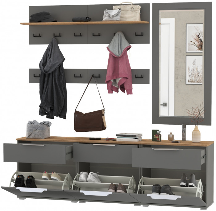 Октава Прихожая 41, цвет серый графит/дуб крафт золотой/фасады МДФ серый графит, ШхГхВ 194,7х35,4х197 см., универсальная сборка