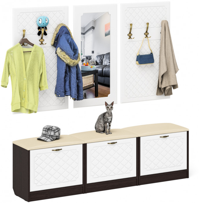 Прихожая П-6 Компоновка № 03, цвет венге/фасады МДФ белое дерево фрезеровка ромб, ШхГхВ 180х35х200 см., универсальная сборка