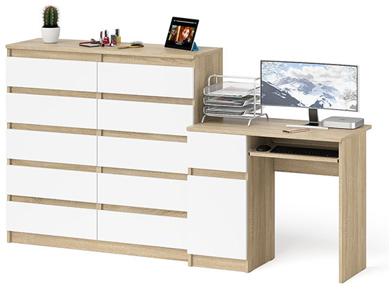 Мори компьютерный стол МС-1 левый + Комод МК1200.10, дуб сонома/белый