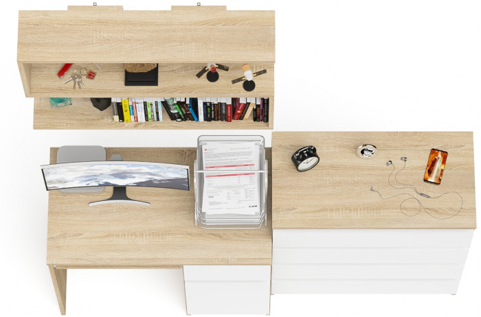 Мори компьютерный стол МС-1 правый + Комод МК800.4 + Полка 900, дуб сонома/белый
