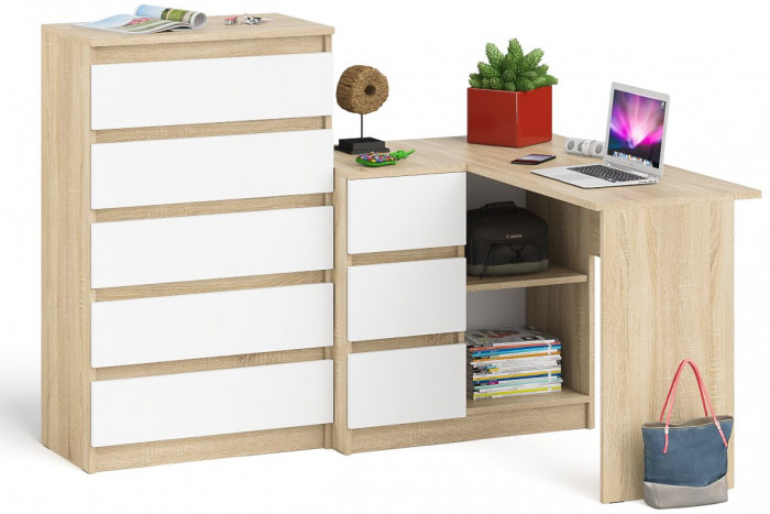 Мори компьютерный стол МС-16 левый + Комод МК700.5, дуб сонома/белый