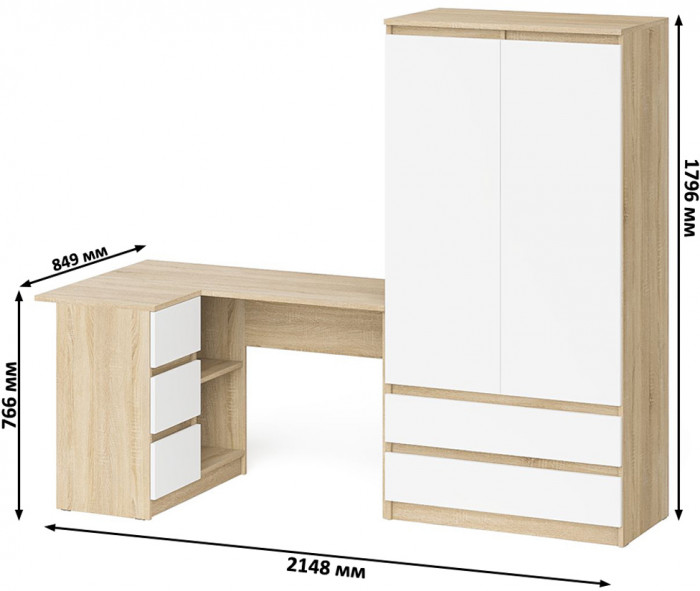 Мори компьютерный стол МС-16 левый + Шкаф МШ900.1, дуб сонома/белый