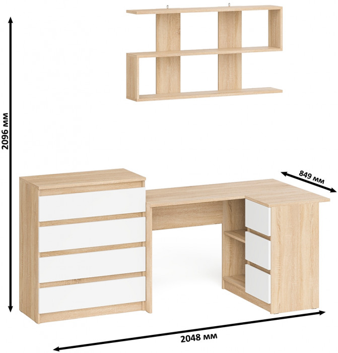 Мори компьютерный стол МС-16 правый + Комод МК800.4 + Полка 1200, дуб сонома/белый