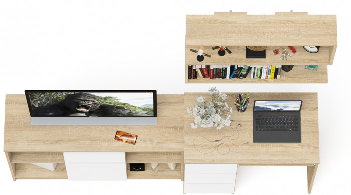 Мори компьютерный стол МС-6 левый + Тумба МТВ1204.1 + Полка 900, дуб сонома/белый