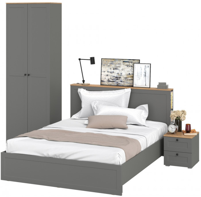 Остин 11.53 Кровать + ортопед + 16.307 Шкаф + 16.152 Тумба прикроватная, серый графит/дуб крафт золотой